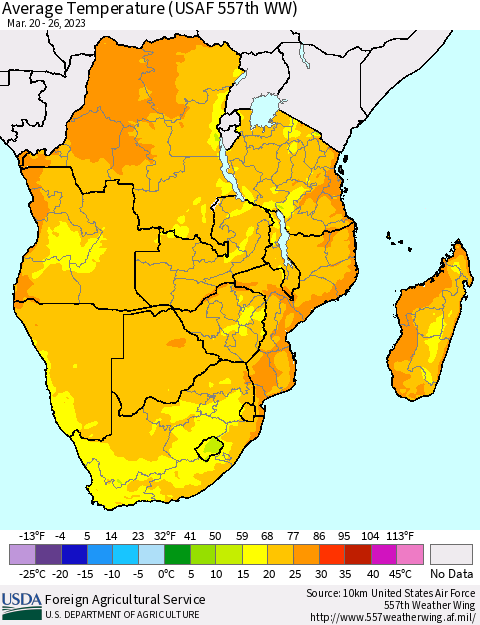 Southern Africa Average Temperature (USAF 557th WW) Thematic Map For 3/20/2023 - 3/26/2023