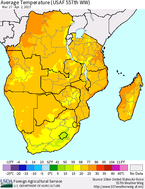 Southern Africa Average Temperature (USAF 557th WW) Thematic Map For 3/27/2023 - 4/2/2023