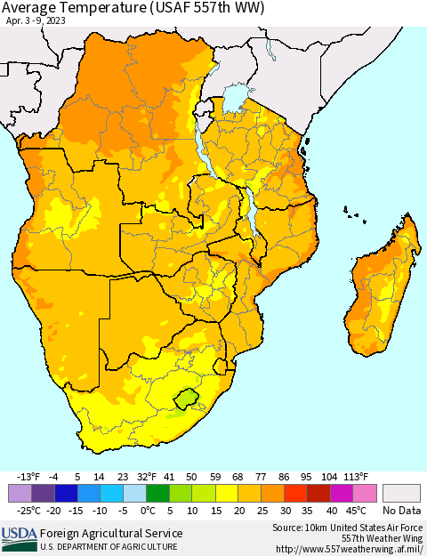 Southern Africa Average Temperature (USAF 557th WW) Thematic Map For 4/3/2023 - 4/9/2023