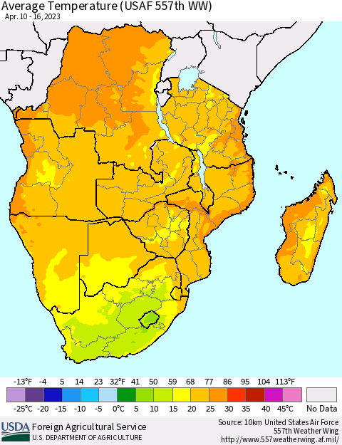 Southern Africa Average Temperature (USAF 557th WW) Thematic Map For 4/10/2023 - 4/16/2023