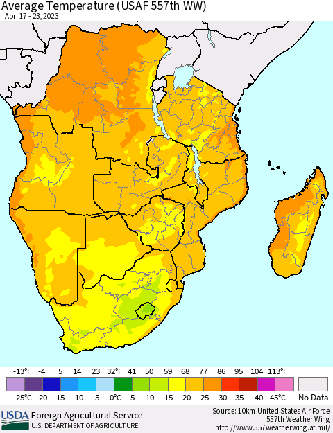Southern Africa Average Temperature (USAF 557th WW) Thematic Map For 4/17/2023 - 4/23/2023