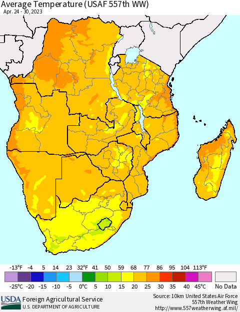 Southern Africa Average Temperature (USAF 557th WW) Thematic Map For 4/24/2023 - 4/30/2023