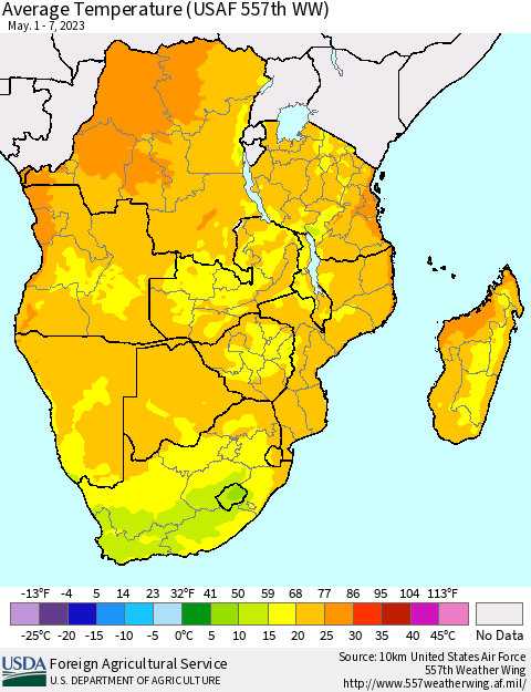 Southern Africa Average Temperature (USAF 557th WW) Thematic Map For 5/1/2023 - 5/7/2023