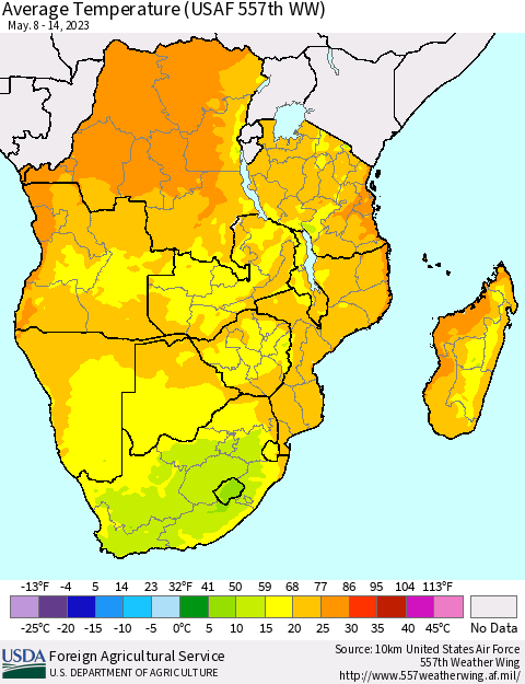 Southern Africa Average Temperature (USAF 557th WW) Thematic Map For 5/8/2023 - 5/14/2023