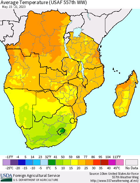 Southern Africa Average Temperature (USAF 557th WW) Thematic Map For 5/15/2023 - 5/21/2023