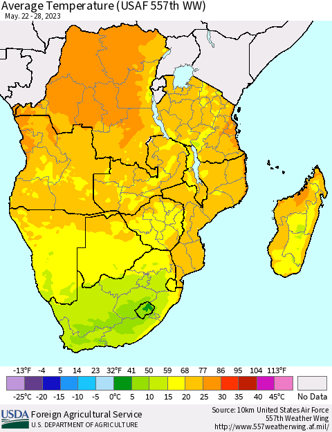 Southern Africa Average Temperature (USAF 557th WW) Thematic Map For 5/22/2023 - 5/28/2023