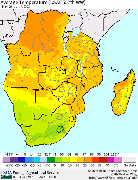 Southern Africa Average Temperature (USAF 557th WW) Thematic Map For 5/29/2023 - 6/4/2023