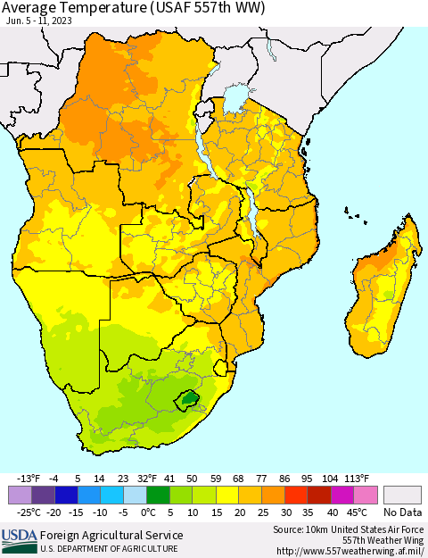 Southern Africa Average Temperature (USAF 557th WW) Thematic Map For 6/5/2023 - 6/11/2023