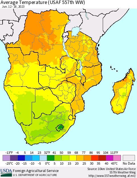 Southern Africa Average Temperature (USAF 557th WW) Thematic Map For 6/12/2023 - 6/18/2023