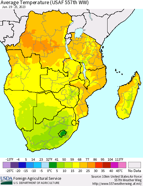 Southern Africa Average Temperature (USAF 557th WW) Thematic Map For 6/19/2023 - 6/25/2023