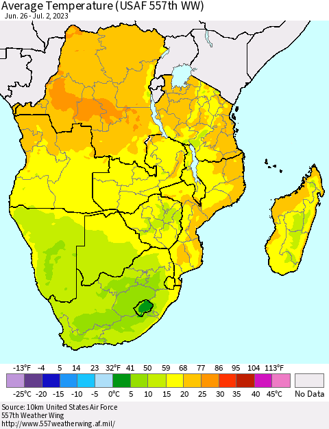 Southern Africa Average Temperature (USAF 557th WW) Thematic Map For 6/26/2023 - 7/2/2023