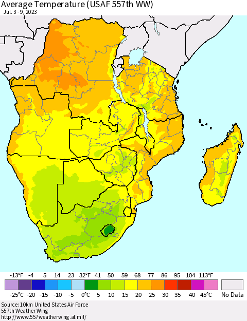 Southern Africa Average Temperature (USAF 557th WW) Thematic Map For 7/3/2023 - 7/9/2023