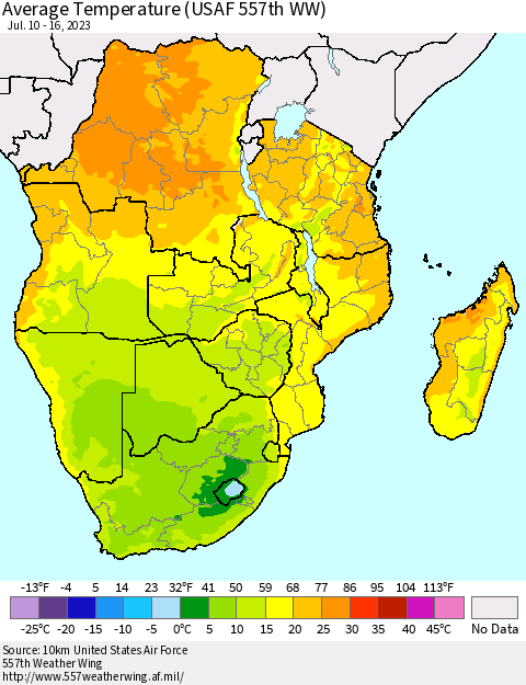 Southern Africa Average Temperature (USAF 557th WW) Thematic Map For 7/10/2023 - 7/16/2023