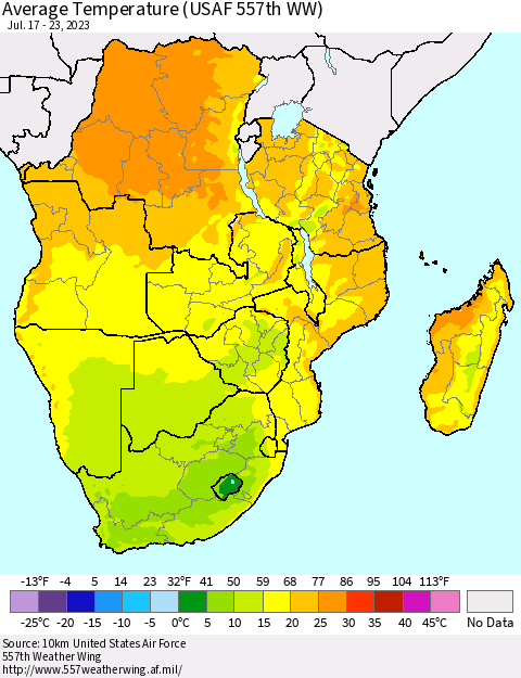 Southern Africa Average Temperature (USAF 557th WW) Thematic Map For 7/17/2023 - 7/23/2023
