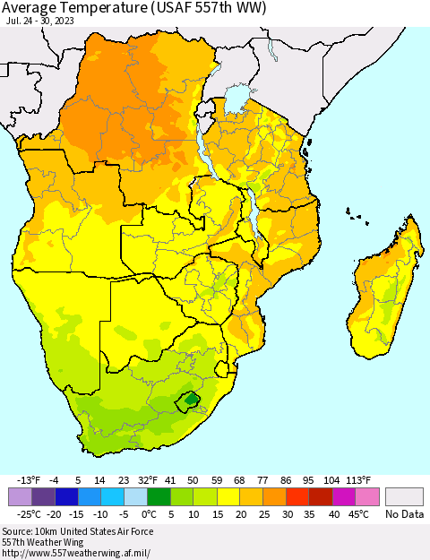 Southern Africa Average Temperature (USAF 557th WW) Thematic Map For 7/24/2023 - 7/30/2023