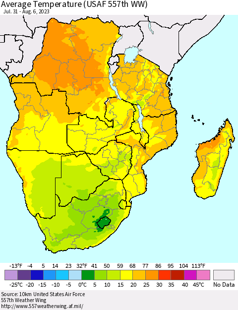 Southern Africa Average Temperature (USAF 557th WW) Thematic Map For 7/31/2023 - 8/6/2023
