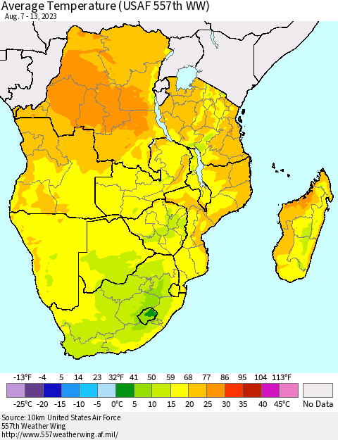 Southern Africa Average Temperature (USAF 557th WW) Thematic Map For 8/7/2023 - 8/13/2023