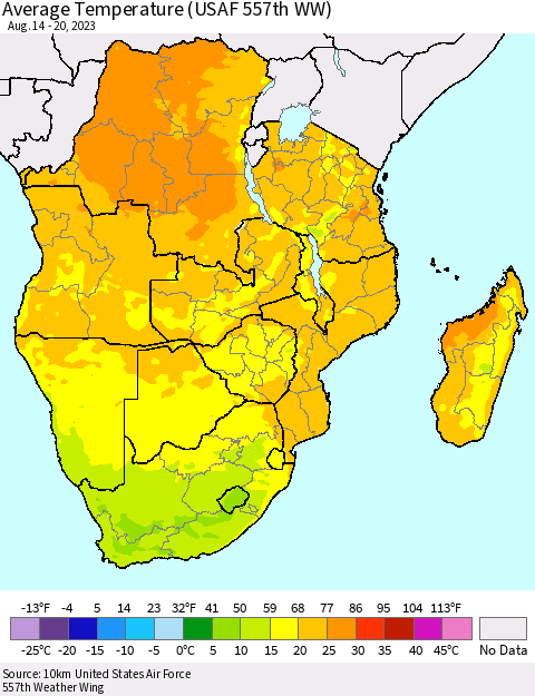 Southern Africa Average Temperature (USAF 557th WW) Thematic Map For 8/14/2023 - 8/20/2023