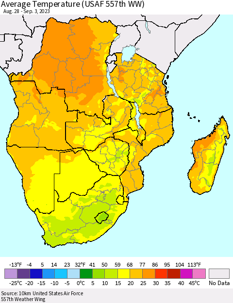 Southern Africa Average Temperature (USAF 557th WW) Thematic Map For 8/28/2023 - 9/3/2023