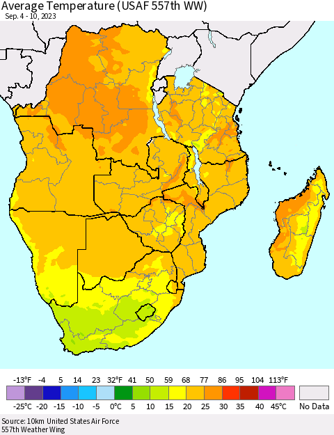 Southern Africa Average Temperature (USAF 557th WW) Thematic Map For 9/4/2023 - 9/10/2023