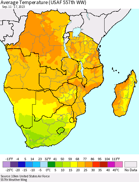 Southern Africa Average Temperature (USAF 557th WW) Thematic Map For 9/11/2023 - 9/17/2023