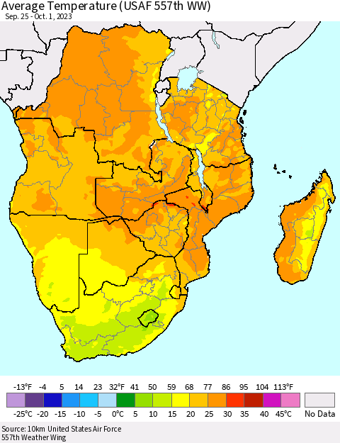 Southern Africa Average Temperature (USAF 557th WW) Thematic Map For 9/25/2023 - 10/1/2023