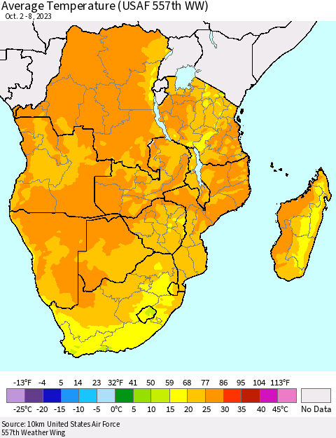 Southern Africa Average Temperature (USAF 557th WW) Thematic Map For 10/2/2023 - 10/8/2023