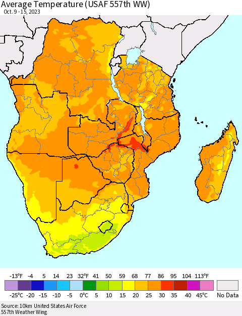 Southern Africa Average Temperature (USAF 557th WW) Thematic Map For 10/9/2023 - 10/15/2023