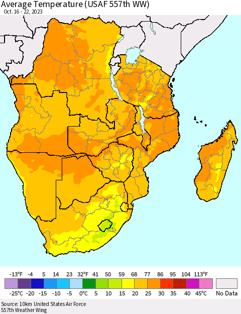 Southern Africa Average Temperature (USAF 557th WW) Thematic Map For 10/16/2023 - 10/22/2023