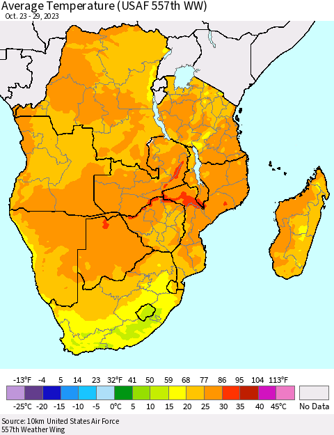 Southern Africa Average Temperature (USAF 557th WW) Thematic Map For 10/23/2023 - 10/29/2023