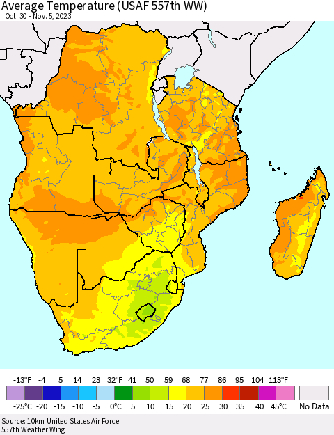 Southern Africa Average Temperature (USAF 557th WW) Thematic Map For 10/30/2023 - 11/5/2023