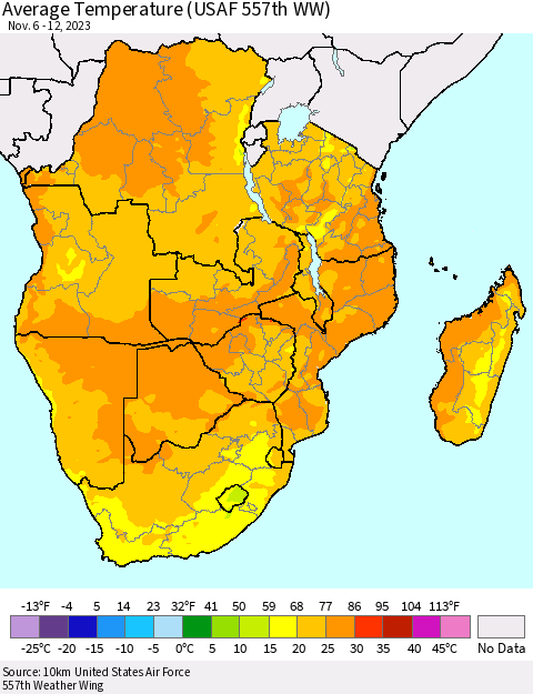 Southern Africa Average Temperature (USAF 557th WW) Thematic Map For 11/6/2023 - 11/12/2023