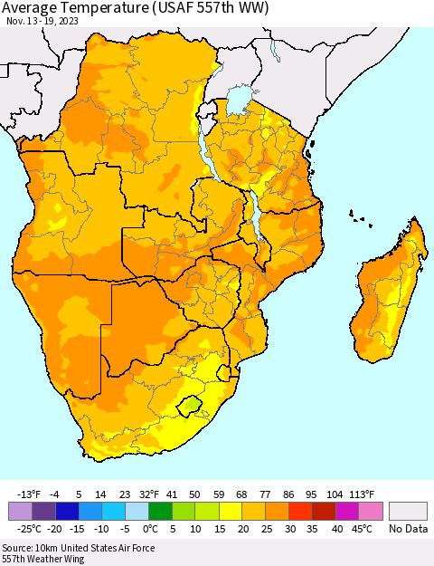 Southern Africa Average Temperature (USAF 557th WW) Thematic Map For 11/13/2023 - 11/19/2023