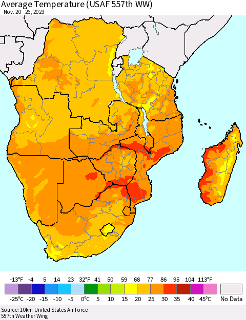 Southern Africa Average Temperature (USAF 557th WW) Thematic Map For 11/20/2023 - 11/26/2023
