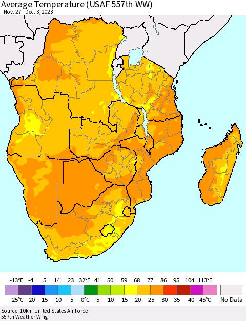 Southern Africa Average Temperature (USAF 557th WW) Thematic Map For 11/27/2023 - 12/3/2023