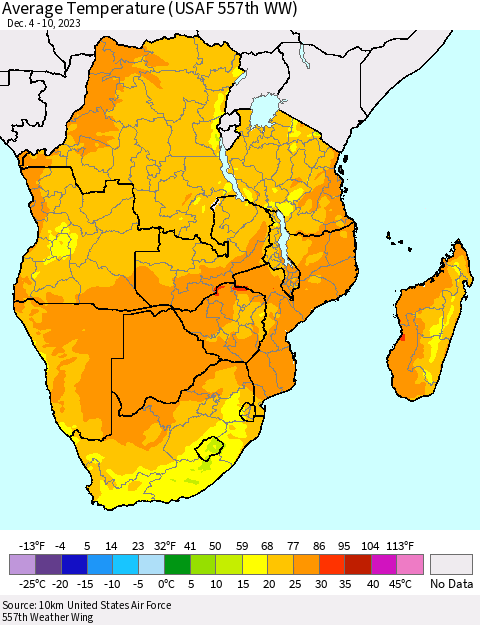 Southern Africa Average Temperature (USAF 557th WW) Thematic Map For 12/4/2023 - 12/10/2023
