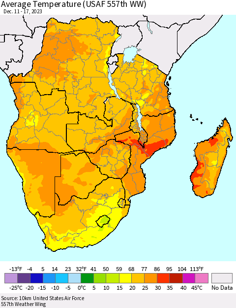 Southern Africa Average Temperature (USAF 557th WW) Thematic Map For 12/11/2023 - 12/17/2023