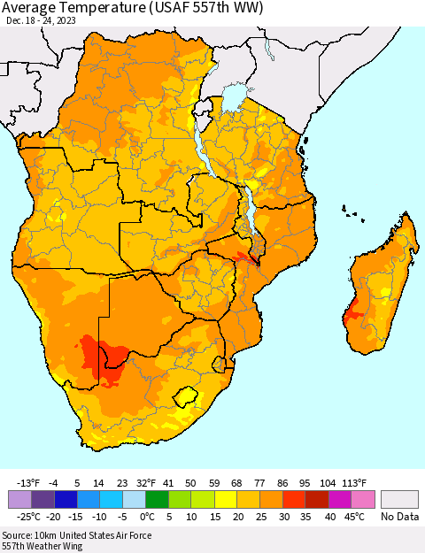 Southern Africa Average Temperature (USAF 557th WW) Thematic Map For 12/18/2023 - 12/24/2023