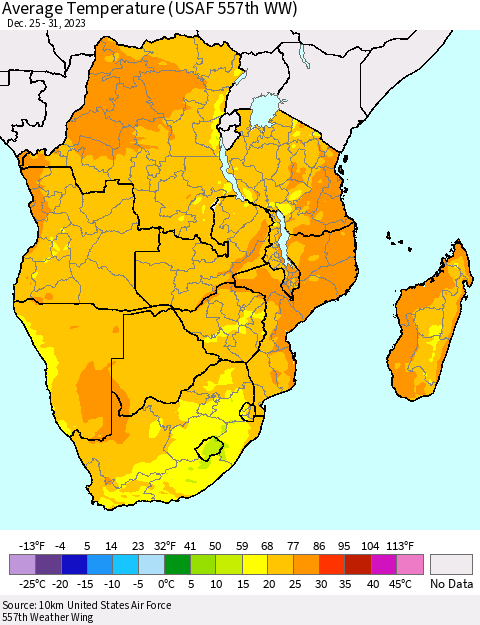 Southern Africa Average Temperature (USAF 557th WW) Thematic Map For 12/25/2023 - 12/31/2023