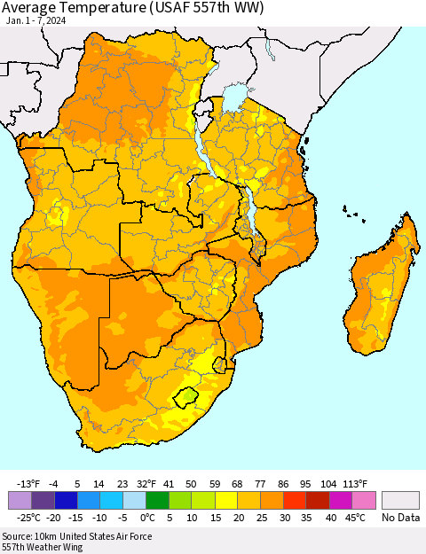 Southern Africa Average Temperature (USAF 557th WW) Thematic Map For 1/1/2024 - 1/7/2024