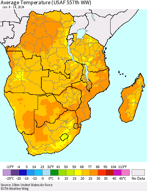 Southern Africa Average Temperature (USAF 557th WW) Thematic Map For 1/8/2024 - 1/14/2024