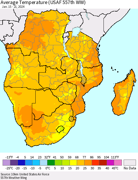 Southern Africa Average Temperature (USAF 557th WW) Thematic Map For 1/15/2024 - 1/21/2024