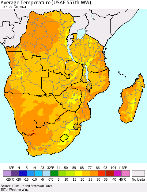 Southern Africa Average Temperature (USAF 557th WW) Thematic Map For 1/22/2024 - 1/28/2024