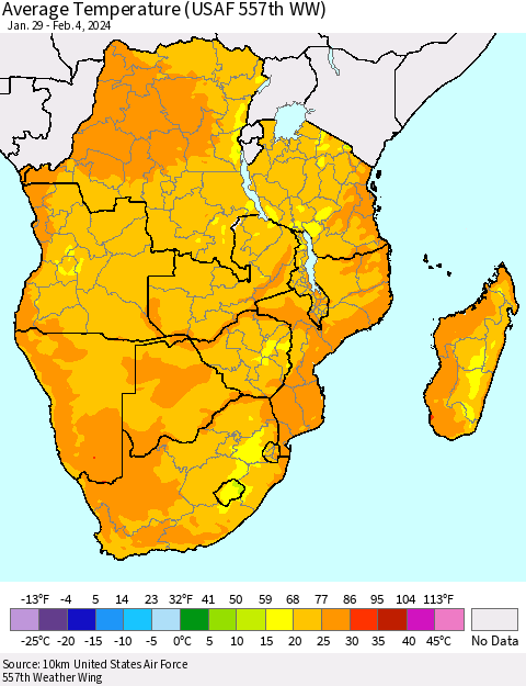 Southern Africa Average Temperature (USAF 557th WW) Thematic Map For 1/29/2024 - 2/4/2024
