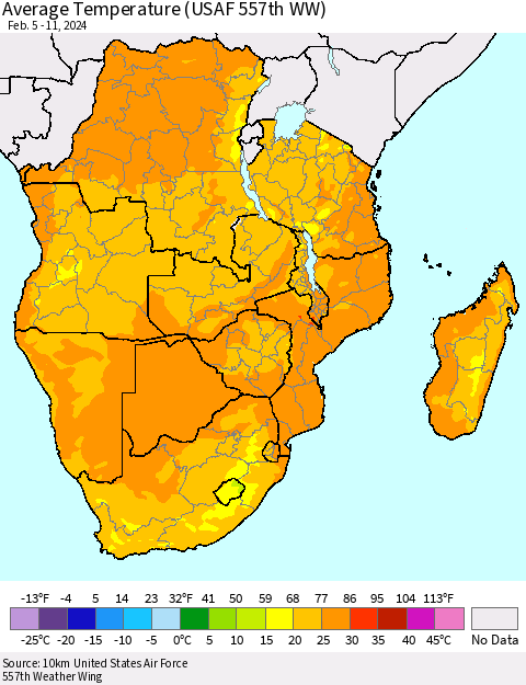 Southern Africa Average Temperature (USAF 557th WW) Thematic Map For 2/5/2024 - 2/11/2024