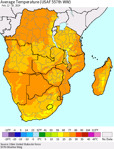 Southern Africa Average Temperature (USAF 557th WW) Thematic Map For 2/12/2024 - 2/18/2024