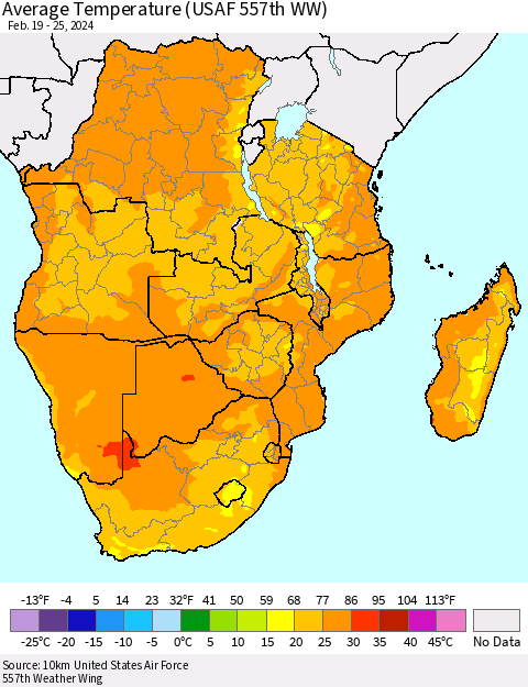 Southern Africa Average Temperature (USAF 557th WW) Thematic Map For 2/19/2024 - 2/25/2024