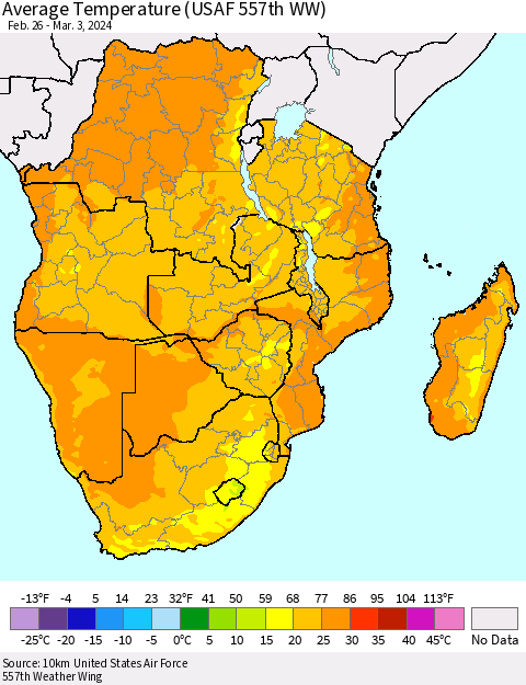 Southern Africa Average Temperature (USAF 557th WW) Thematic Map For 2/26/2024 - 3/3/2024