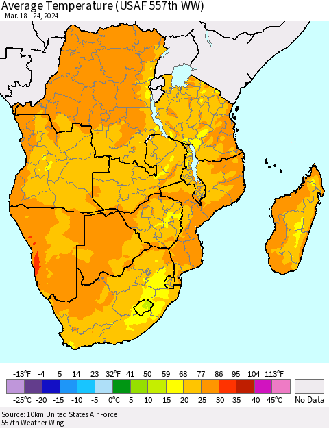 Southern Africa Average Temperature (USAF 557th WW) Thematic Map For 3/18/2024 - 3/24/2024