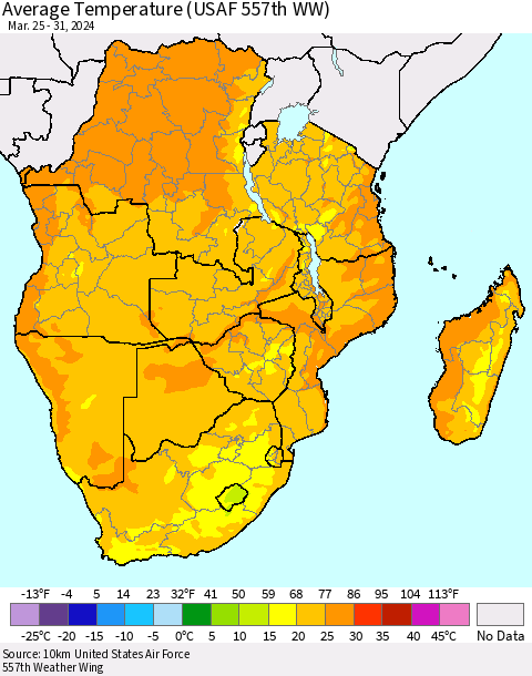 Southern Africa Average Temperature (USAF 557th WW) Thematic Map For 3/25/2024 - 3/31/2024